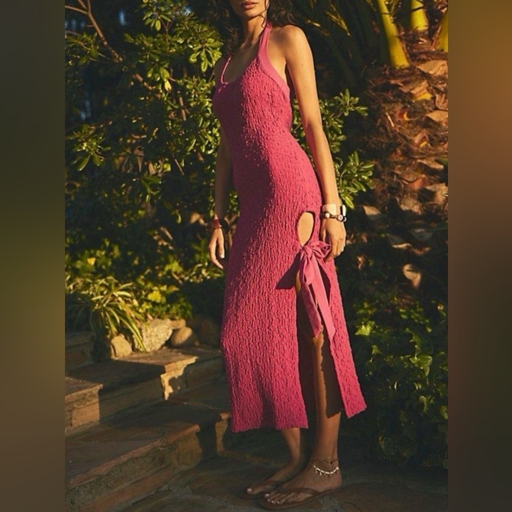 NWOT Free People Sea Foam textured midi dress bodycon tie neck and side slit